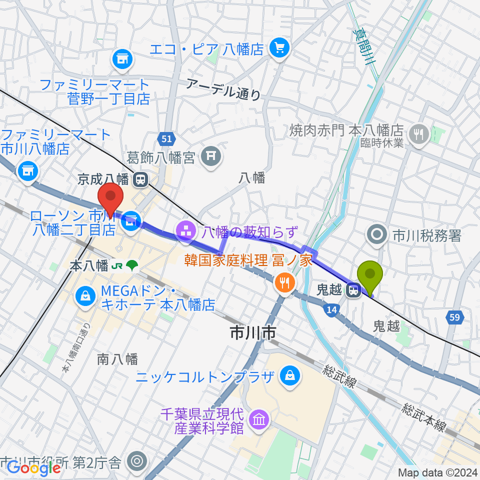 鬼越駅から島村楽器 ミュージックサロン本八幡へのルートマップ地図