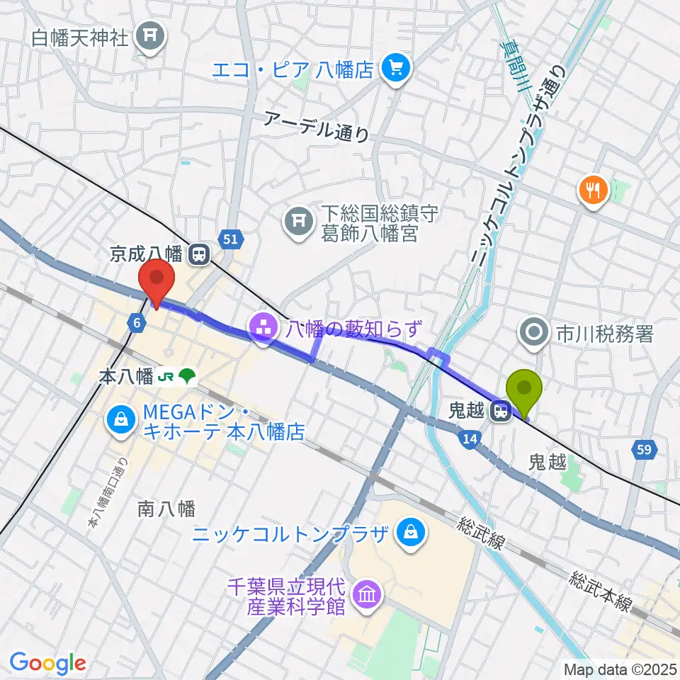 鬼越駅から島村楽器 ミュージックサロン本八幡へのルートマップ地図