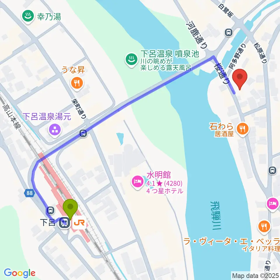 Coo's  クマザキ楽器の最寄駅下呂駅からの徒歩ルート（約6分）地図