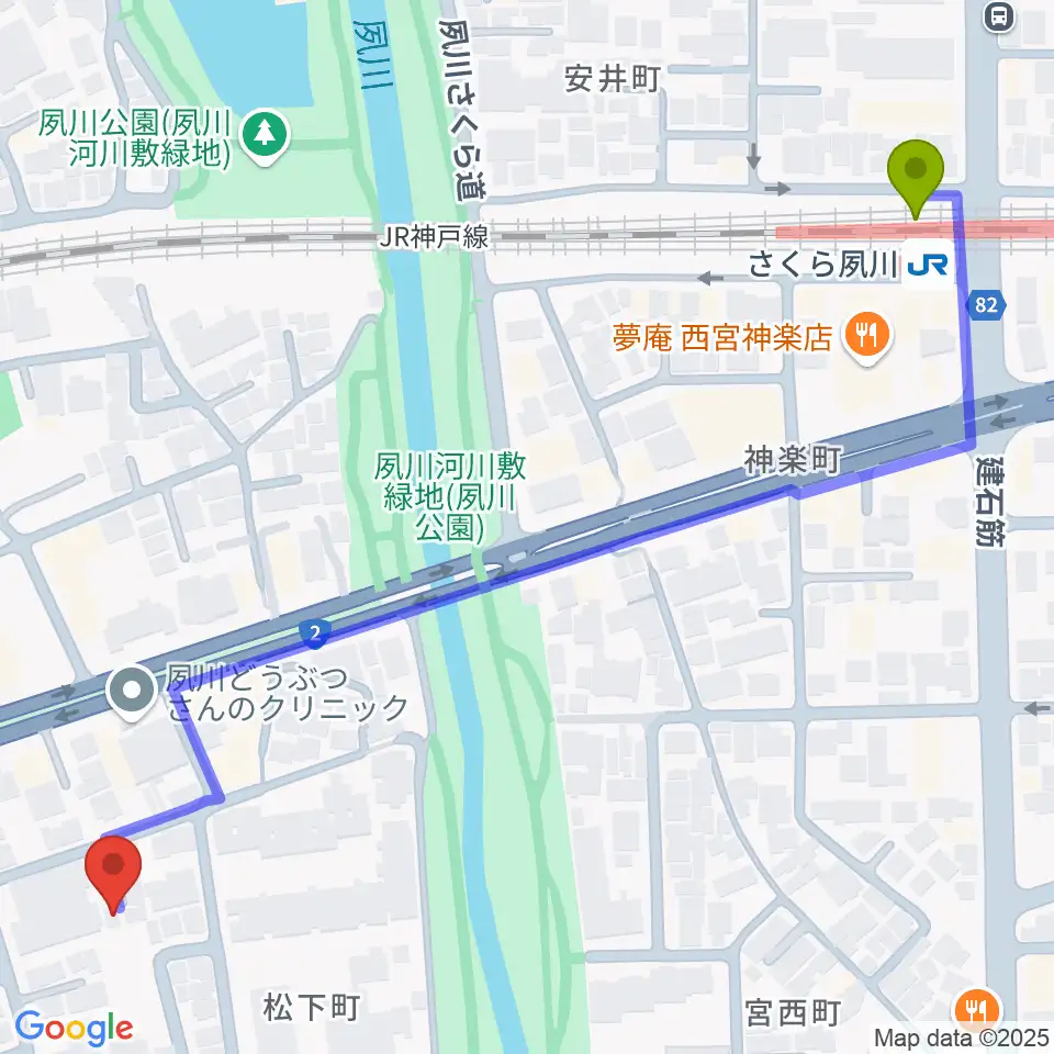 さくら夙川駅から高木ピアノサービスへのルートマップ地図