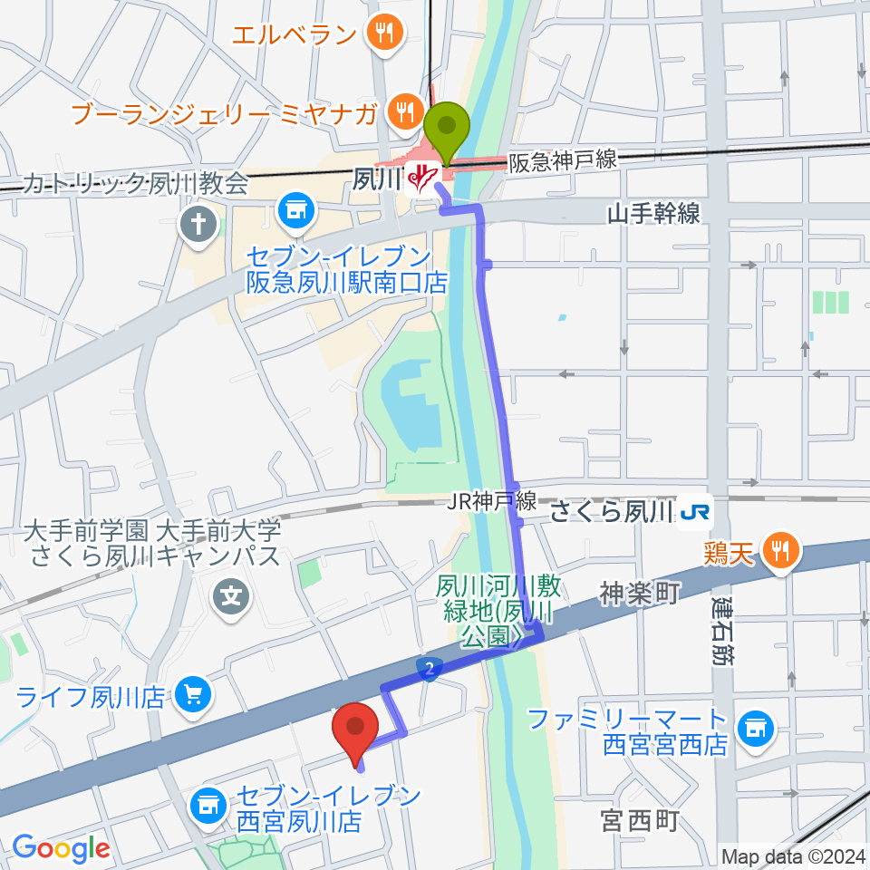 夙川駅から高木ピアノサービスへのルートマップ地図