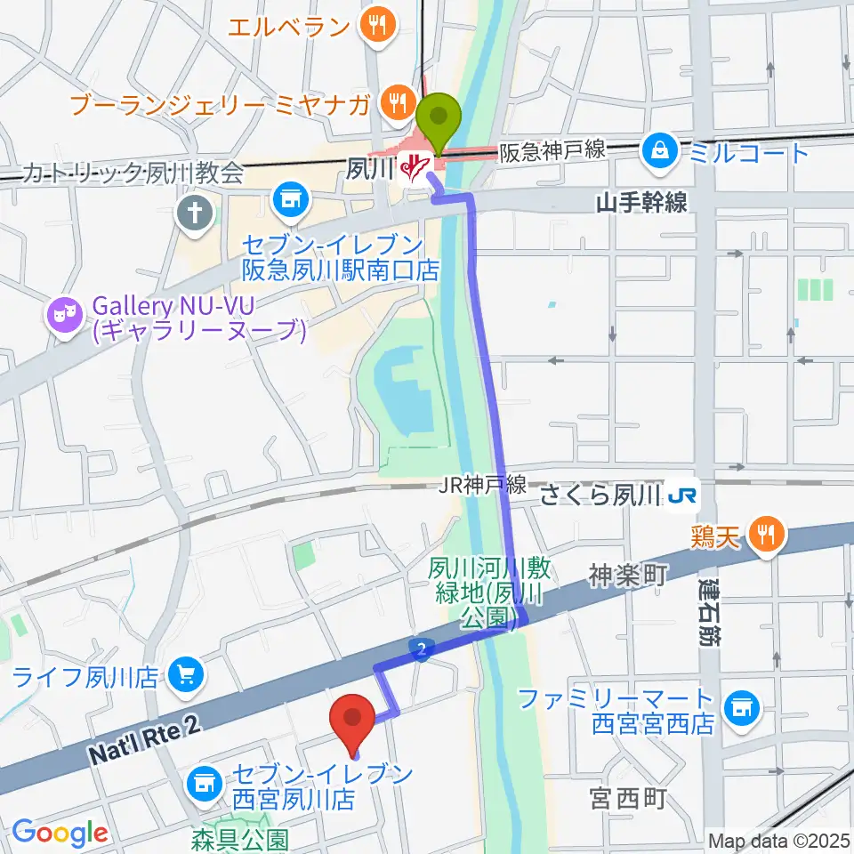 夙川駅から高木ピアノサービスへのルートマップ地図