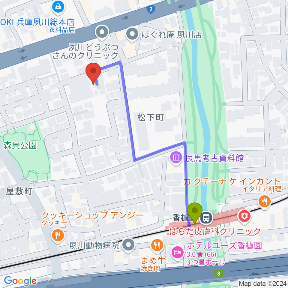 高木ピアノサービスの最寄駅香櫨園駅からの徒歩ルート（約5分）地図