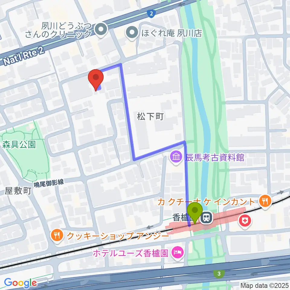 高木ピアノサービスの最寄駅香櫨園駅からの徒歩ルート（約4分）地図