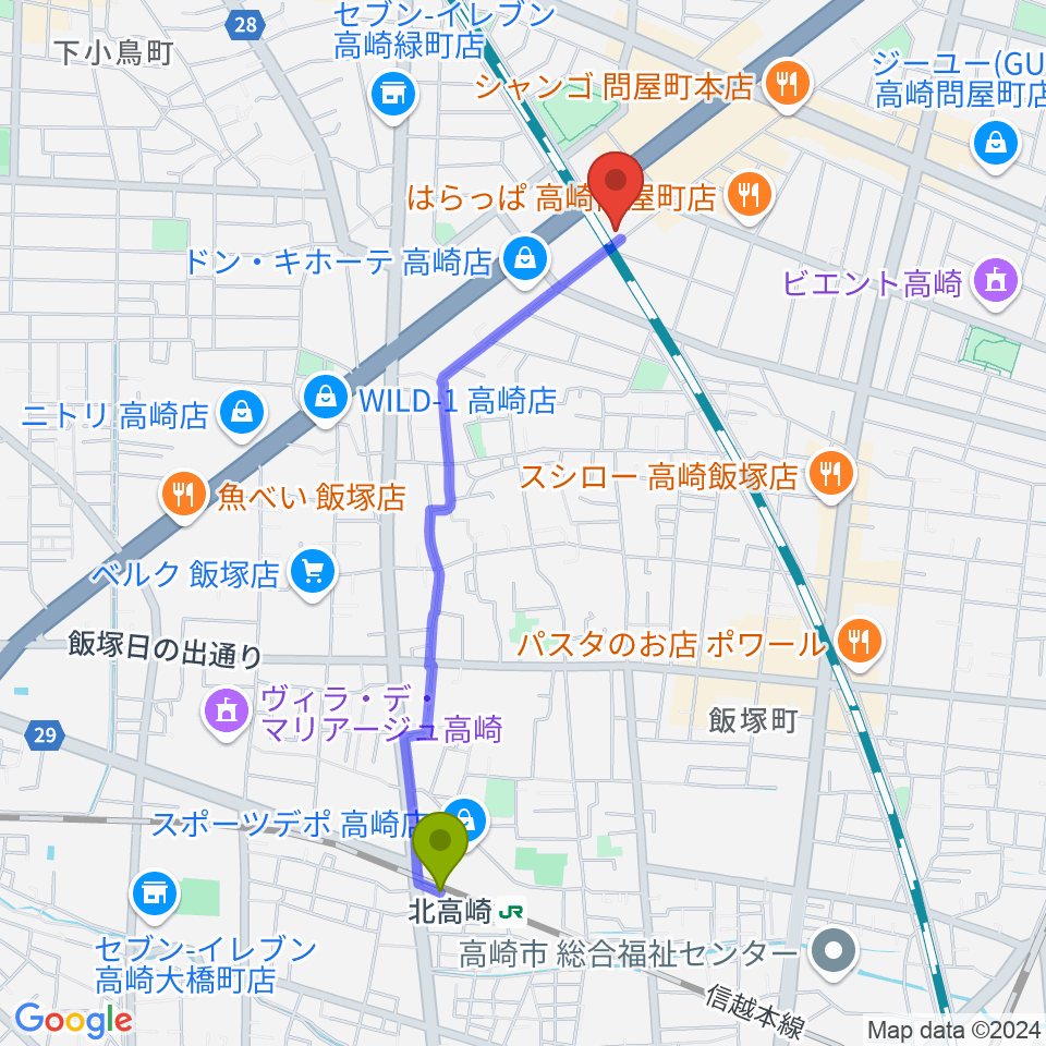 北高崎駅からスタインウェイセンター高崎へのルートマップ地図