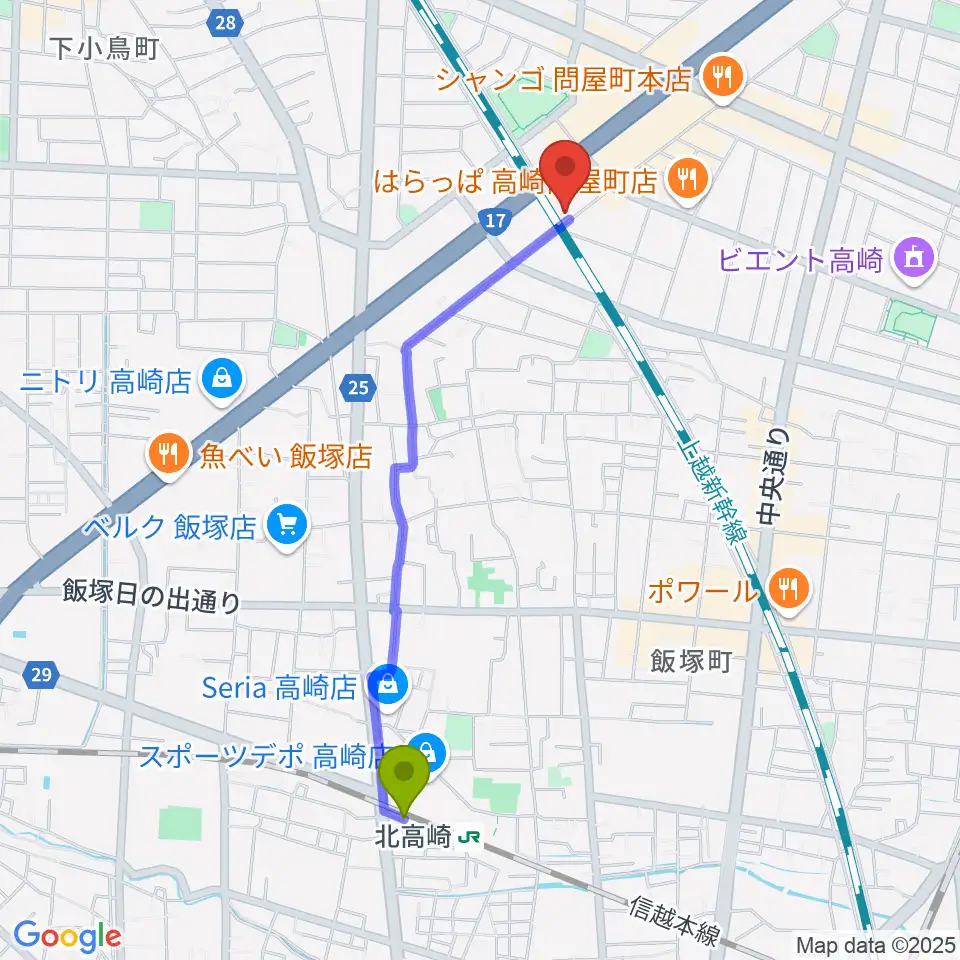 北高崎駅から輸入ピアノセンター高崎へのルートマップ地図