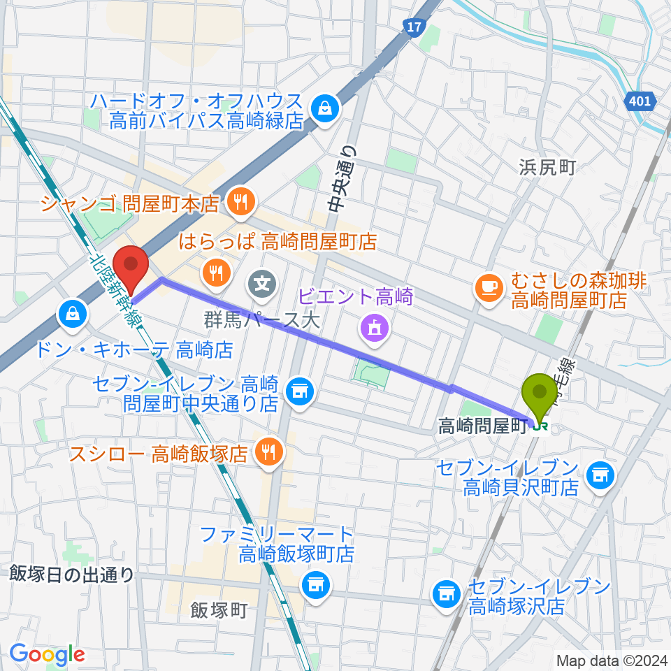 スタインウェイセンター高崎の最寄駅高崎問屋町駅からの徒歩ルート（約20分）地図