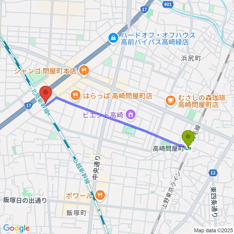 輸入ピアノセンター高崎の最寄駅高崎問屋町駅からの徒歩ルート（約20分）地図