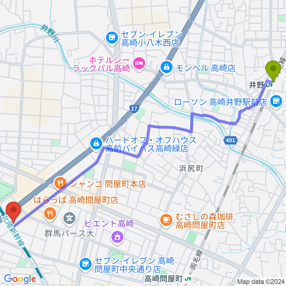 井野駅からスタインウェイセンター高崎へのルートマップ地図