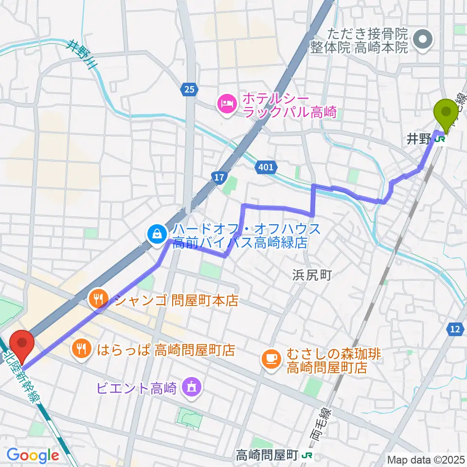 井野駅から輸入ピアノセンター高崎へのルートマップ地図