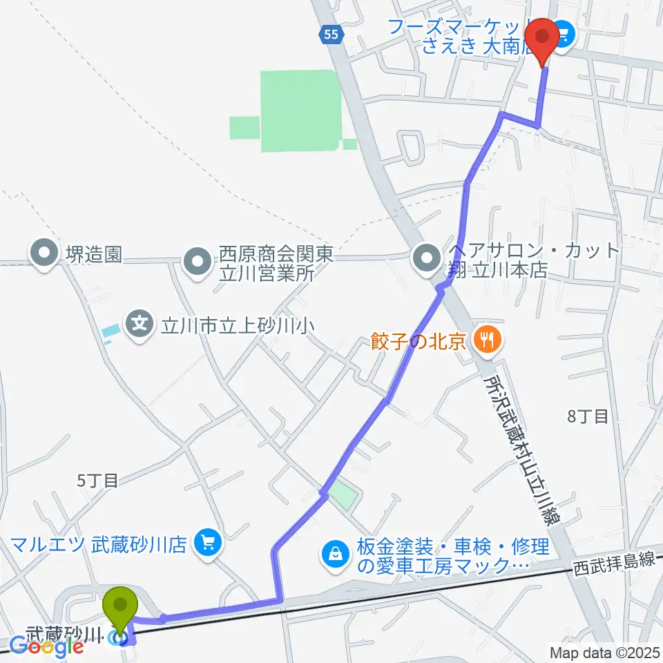 ピアノハウスハントケルナーの最寄駅武蔵砂川駅からの徒歩ルート（約17分）地図