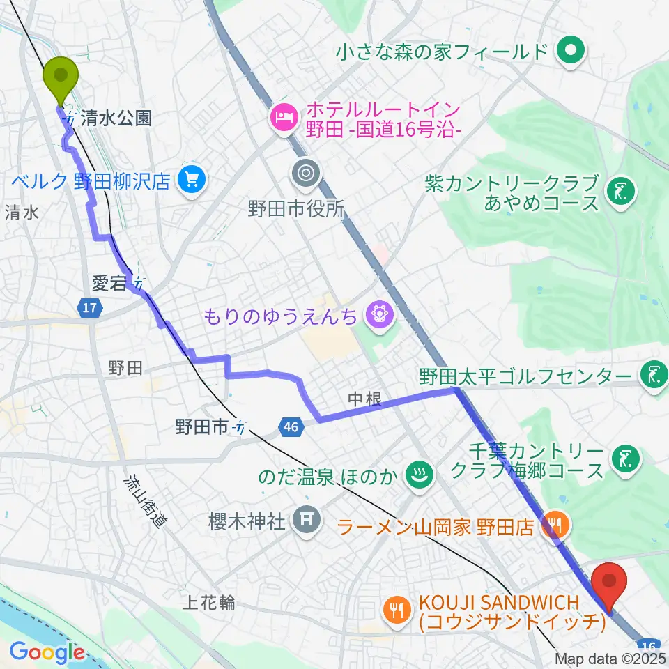 清水公園駅から株式会社ピアノプラザへのルートマップ地図