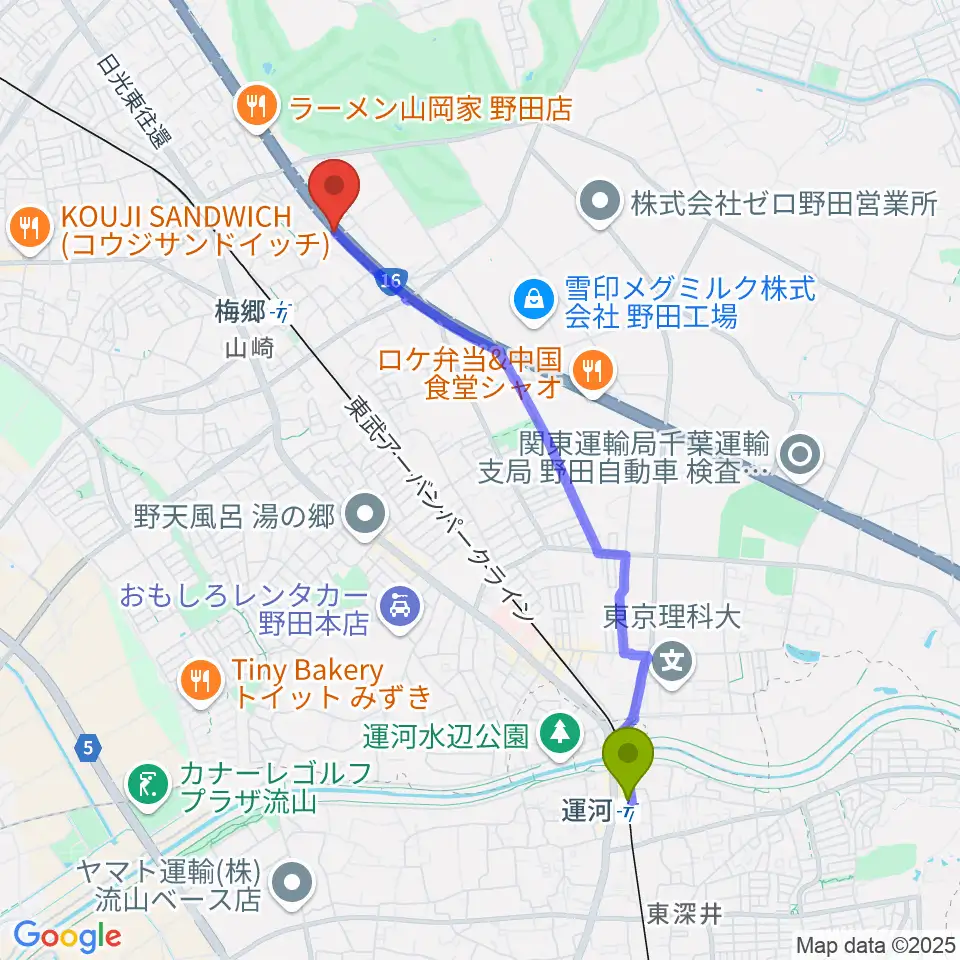 運河駅から株式会社ピアノプラザへのルートマップ地図