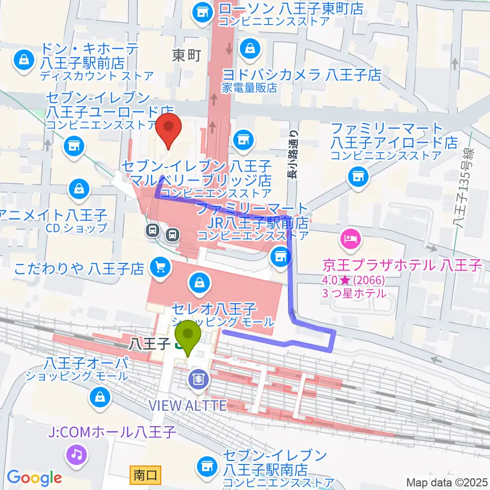 島村楽器 八王子オクトーレ店の最寄駅八王子駅からの徒歩ルート（約3分）地図