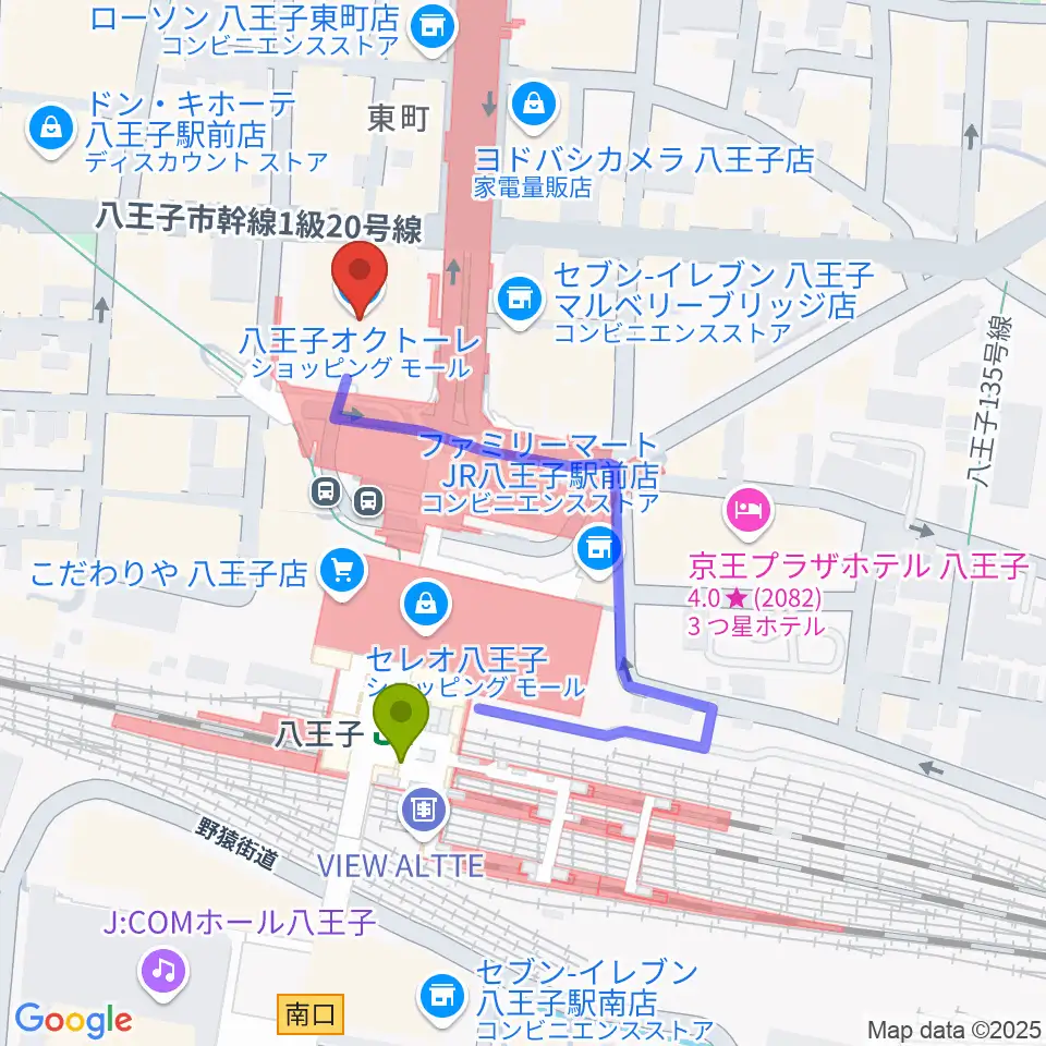 島村楽器 八王子オクトーレ店の最寄駅八王子駅からの徒歩ルート（約3分）地図