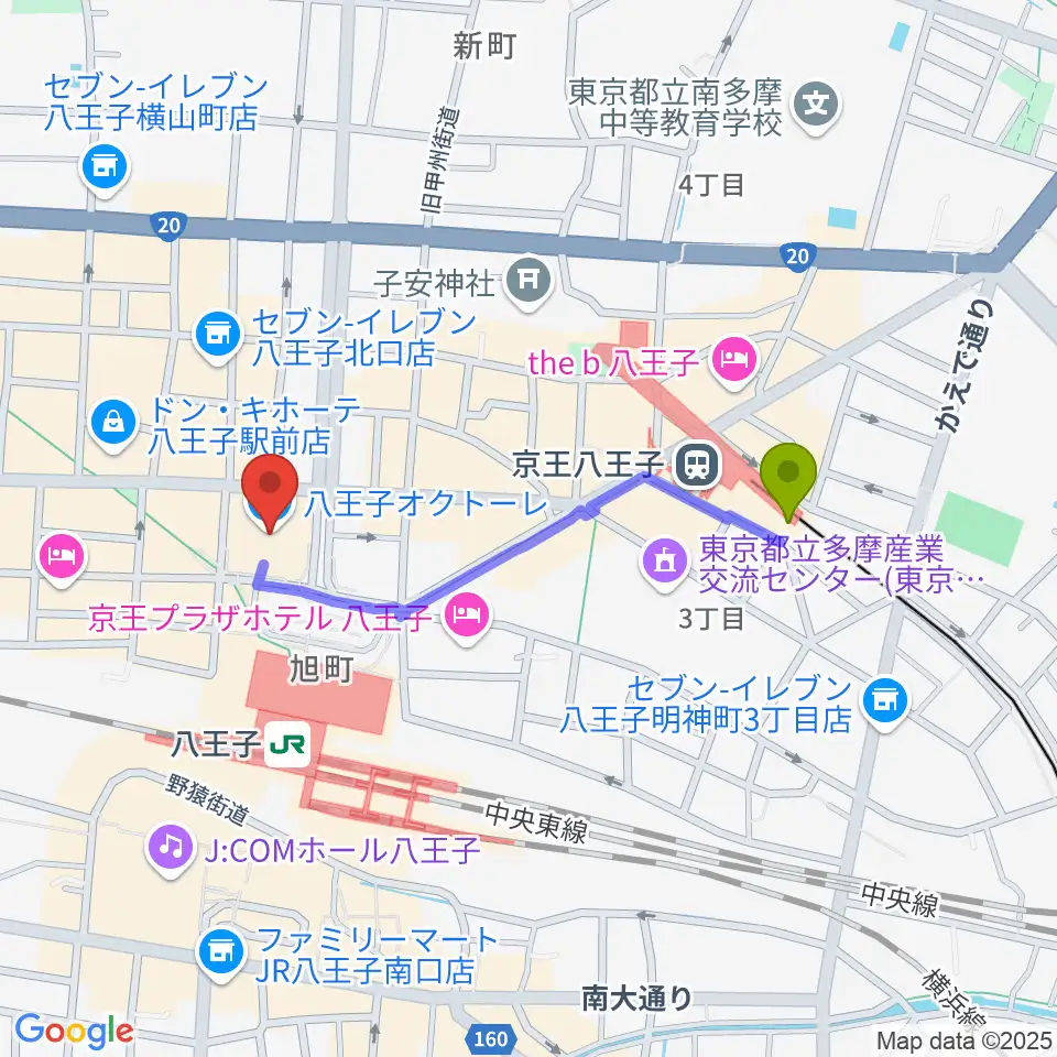 京王八王子駅から島村楽器 八王子オクトーレ店へのルートマップ地図