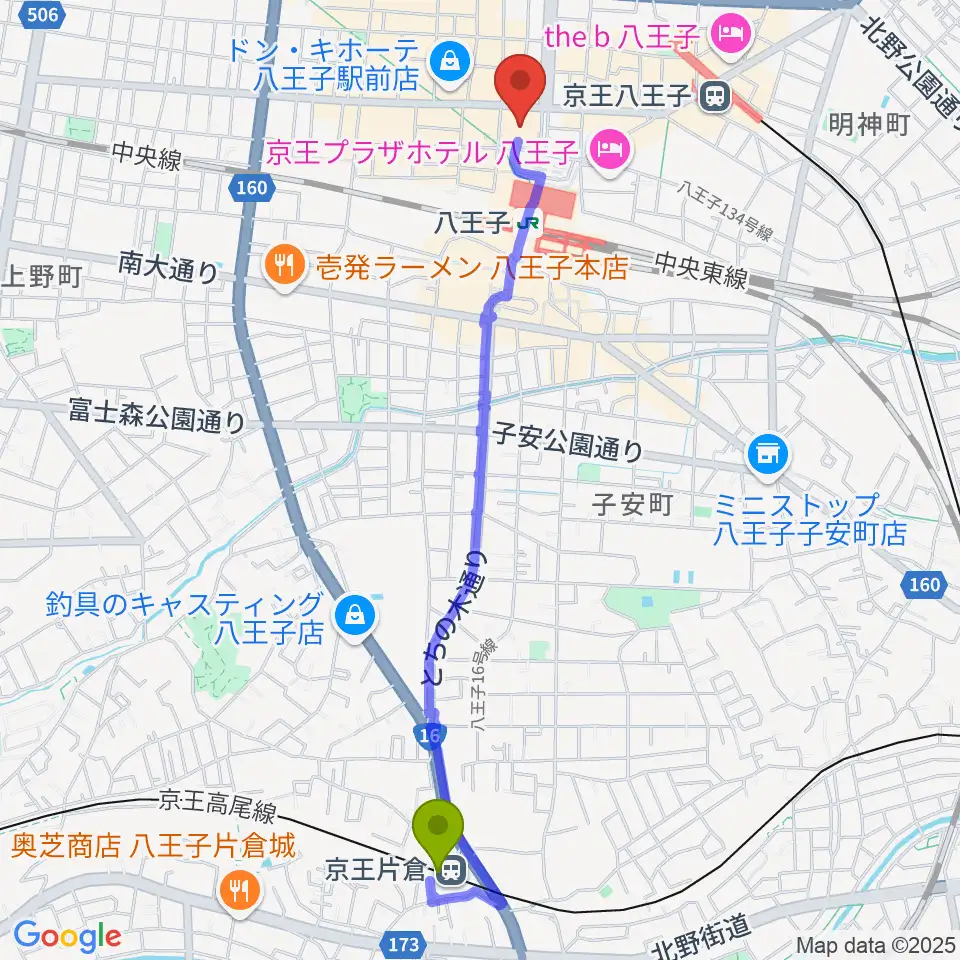 京王片倉駅から島村楽器 八王子オクトーレ店へのルートマップ地図