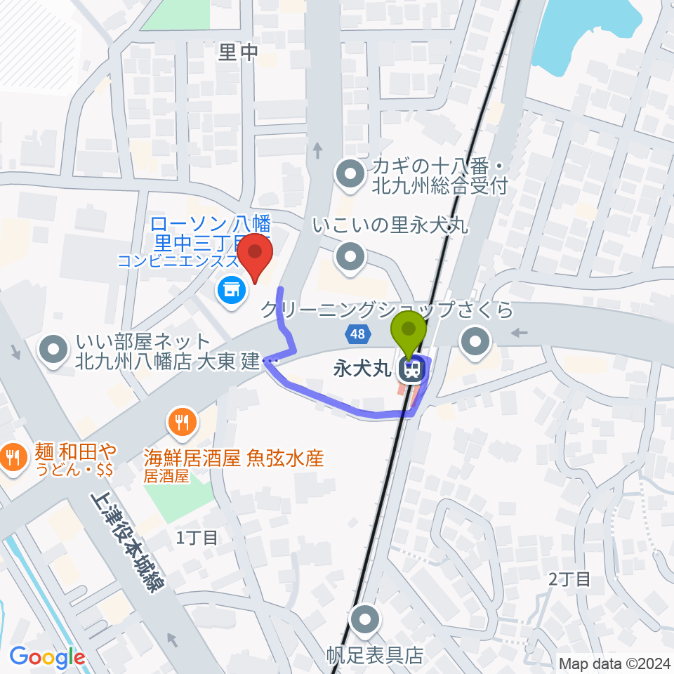 CIU,inc. ドラムレッスンの最寄駅永犬丸駅からの徒歩ルート（約2分）地図