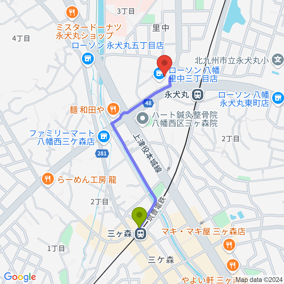 三ヶ森駅からCIU,inc. ドラムレッスンへのルートマップ地図