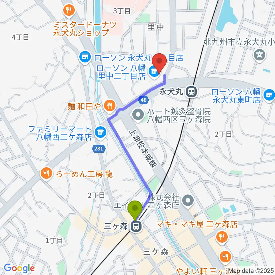 三ヶ森駅からCIU,inc. ドラムレッスンへのルートマップ地図