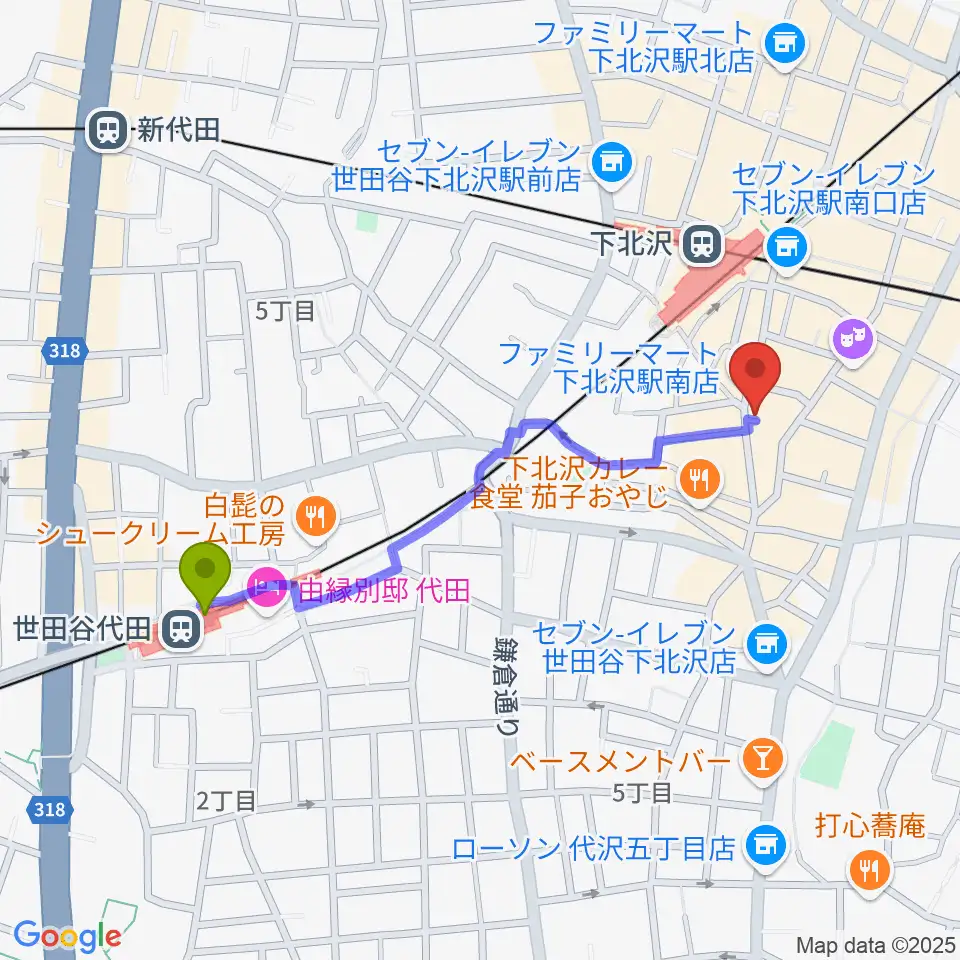 世田谷代田駅から下北沢BREATHへのルートマップ地図