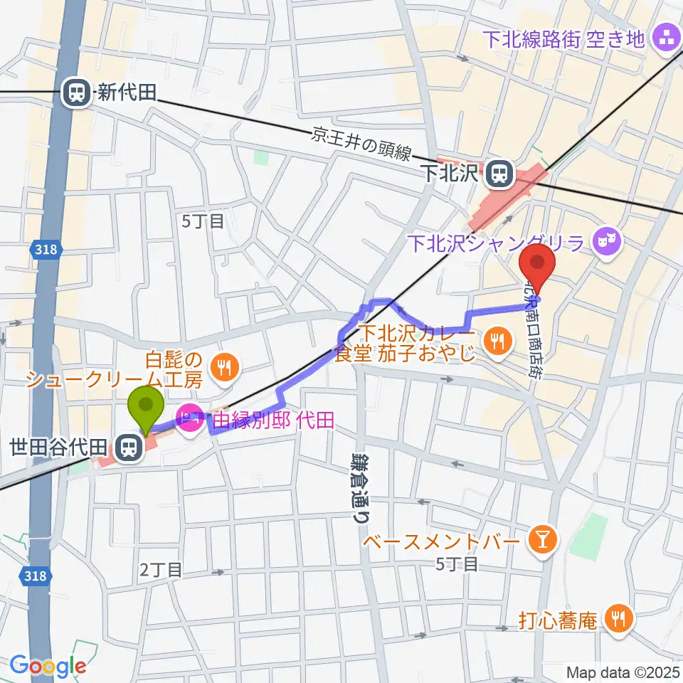 世田谷代田駅から下北沢BREATHへのルートマップ地図