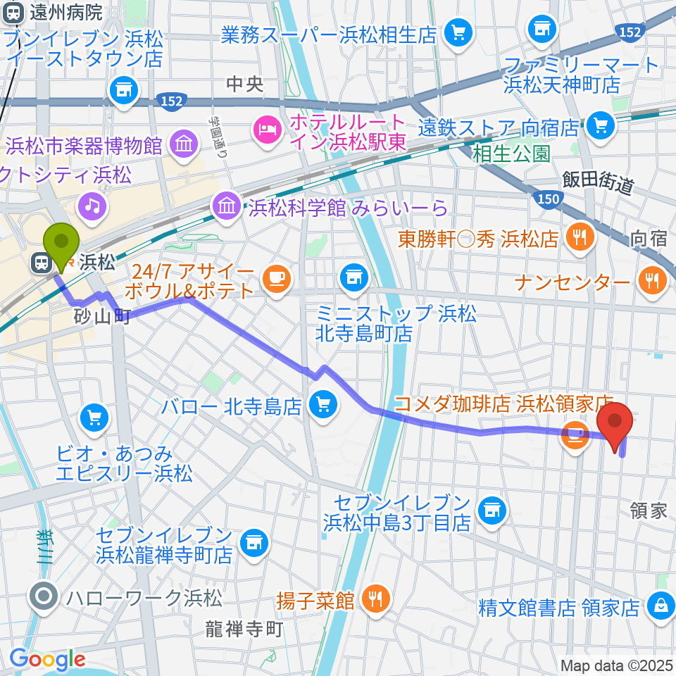 白羽楽器の最寄駅浜松駅からの徒歩ルート（約27分）地図