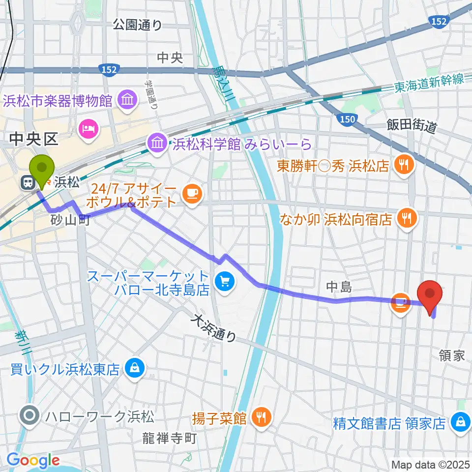 白羽楽器の最寄駅浜松駅からの徒歩ルート（約27分）地図
