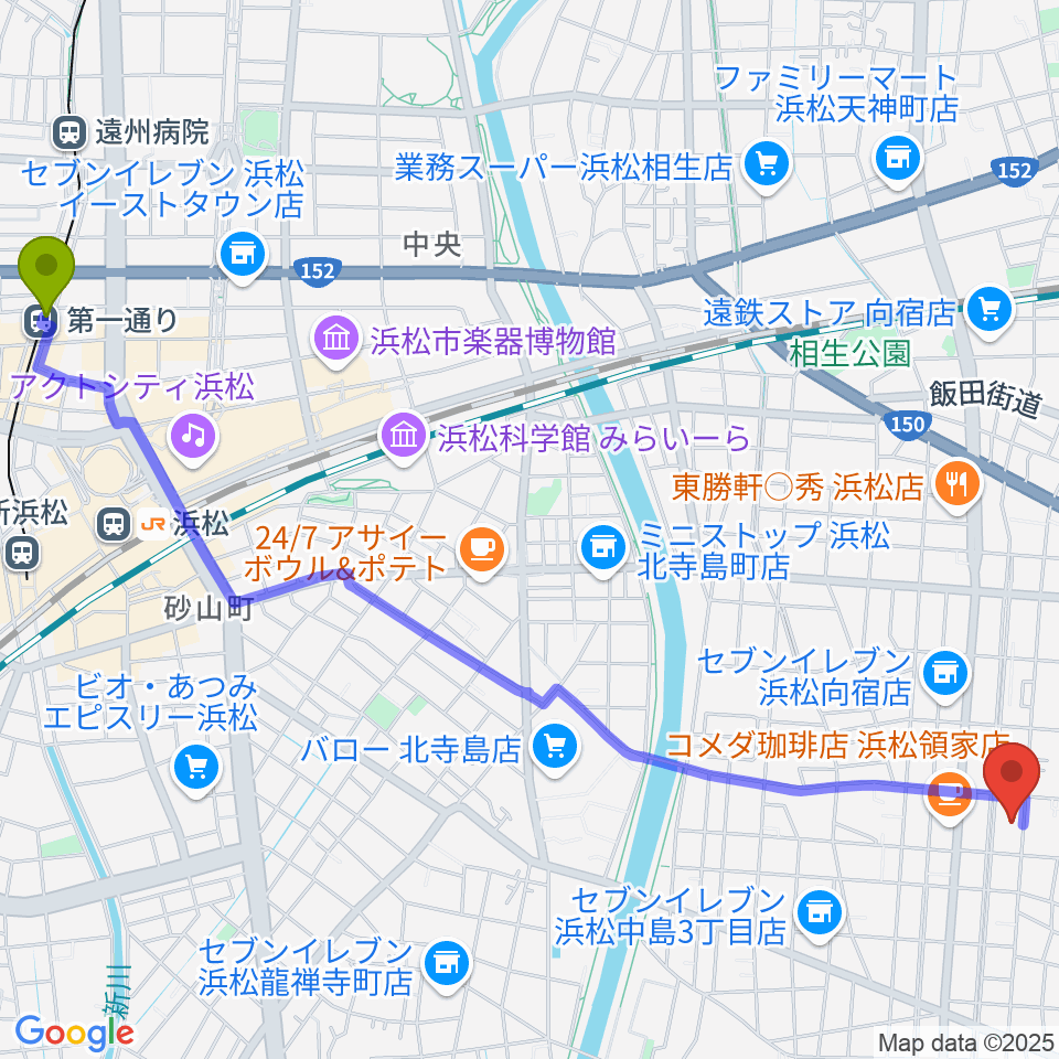 第一通り駅から白羽楽器へのルートマップ地図