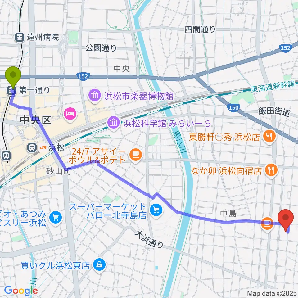 第一通り駅から白羽楽器へのルートマップ地図
