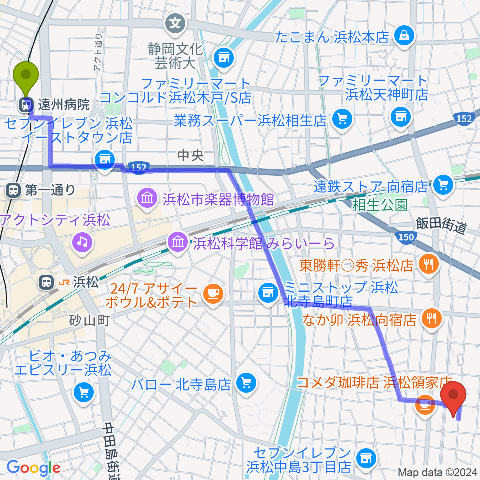 遠州病院駅から白羽楽器へのルートマップ地図