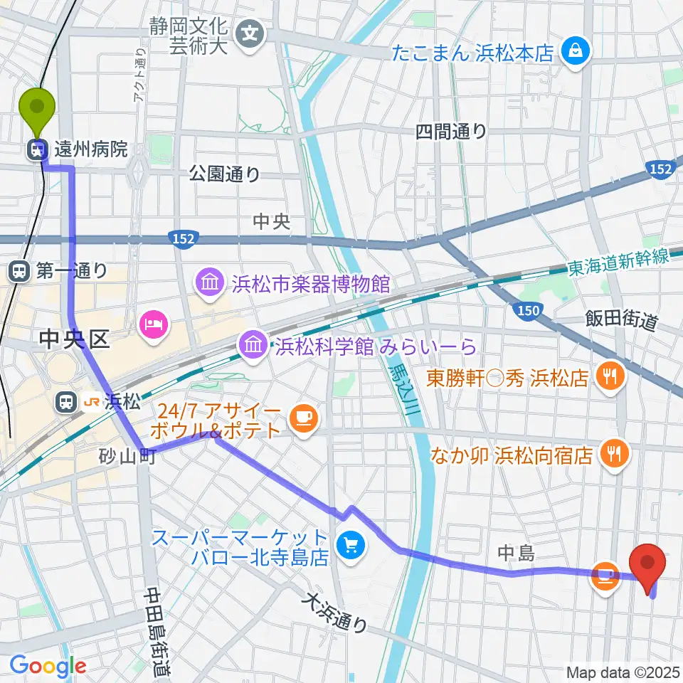 遠州病院駅から白羽楽器へのルートマップ地図
