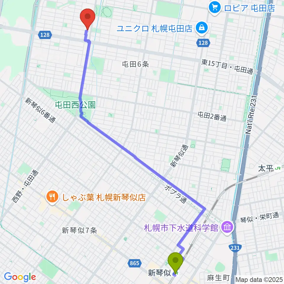 新琴似駅から小林雅巳ピアノ調律所へのルートマップ地図