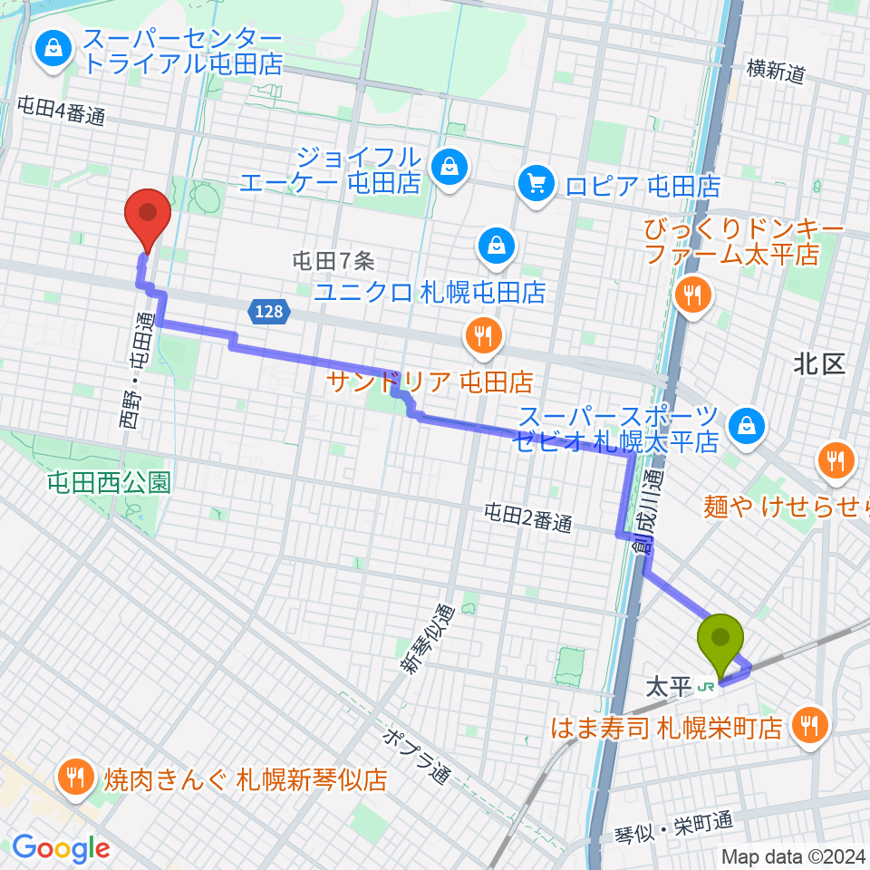 小林雅巳ピアノ調律所の最寄駅太平駅からの徒歩ルート（約46分）地図