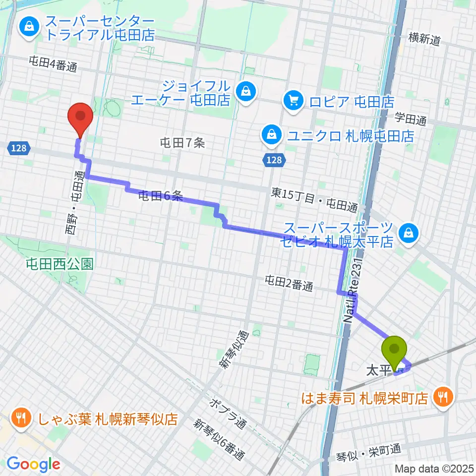 小林雅巳ピアノ調律所の最寄駅太平駅からの徒歩ルート（約46分）地図