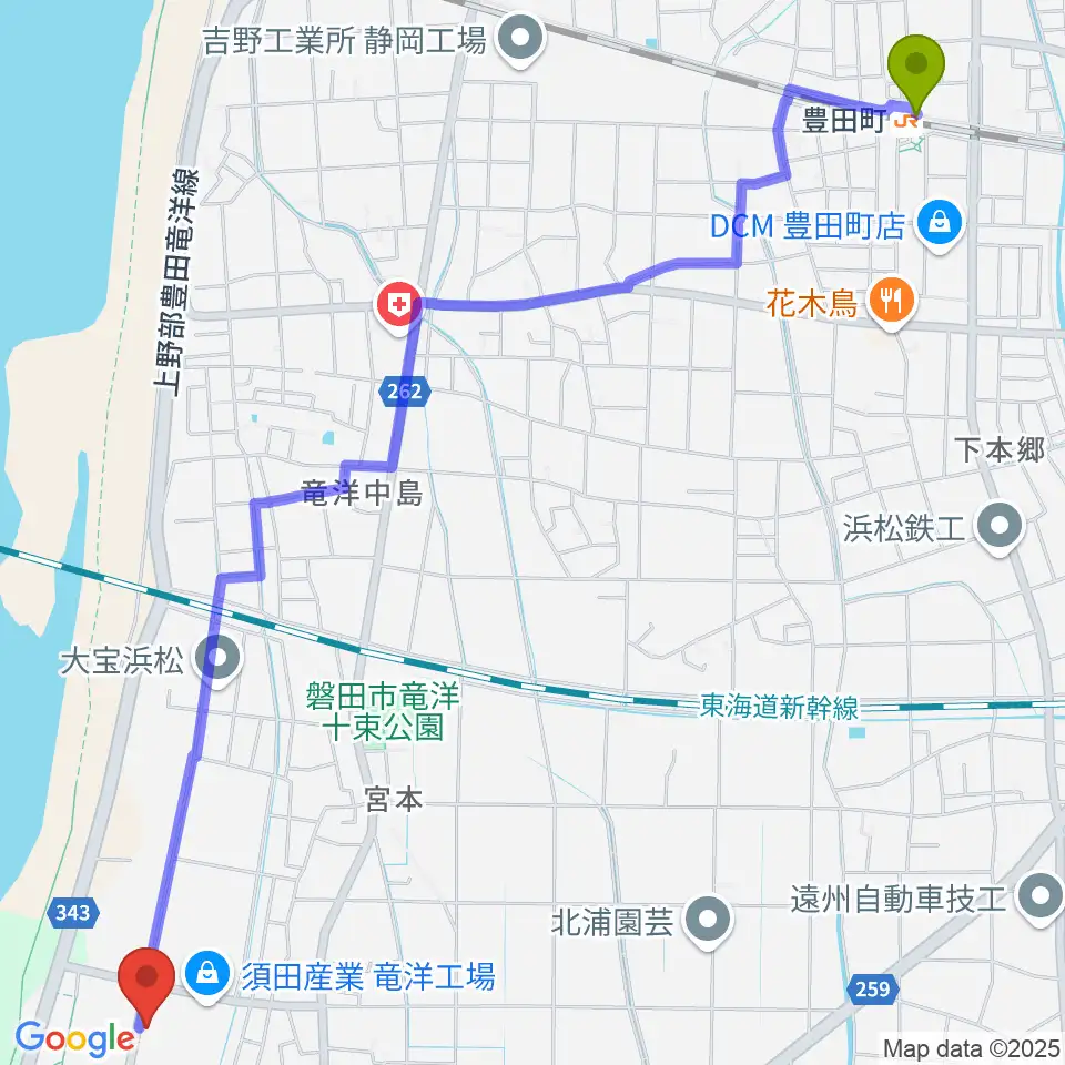 東洋ピアノの最寄駅豊田町駅からの徒歩ルート（約35分）地図