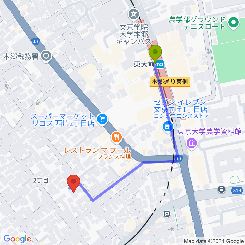 吉田真紀音楽教室の最寄駅東大前駅からの徒歩ルート（約5分）地図