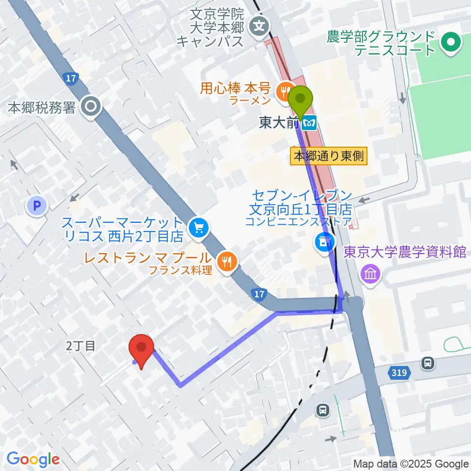 吉田真紀音楽教室の最寄駅東大前駅からの徒歩ルート（約5分）地図