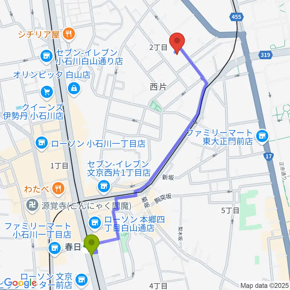 春日駅から吉田真紀音楽教室へのルートマップ地図
