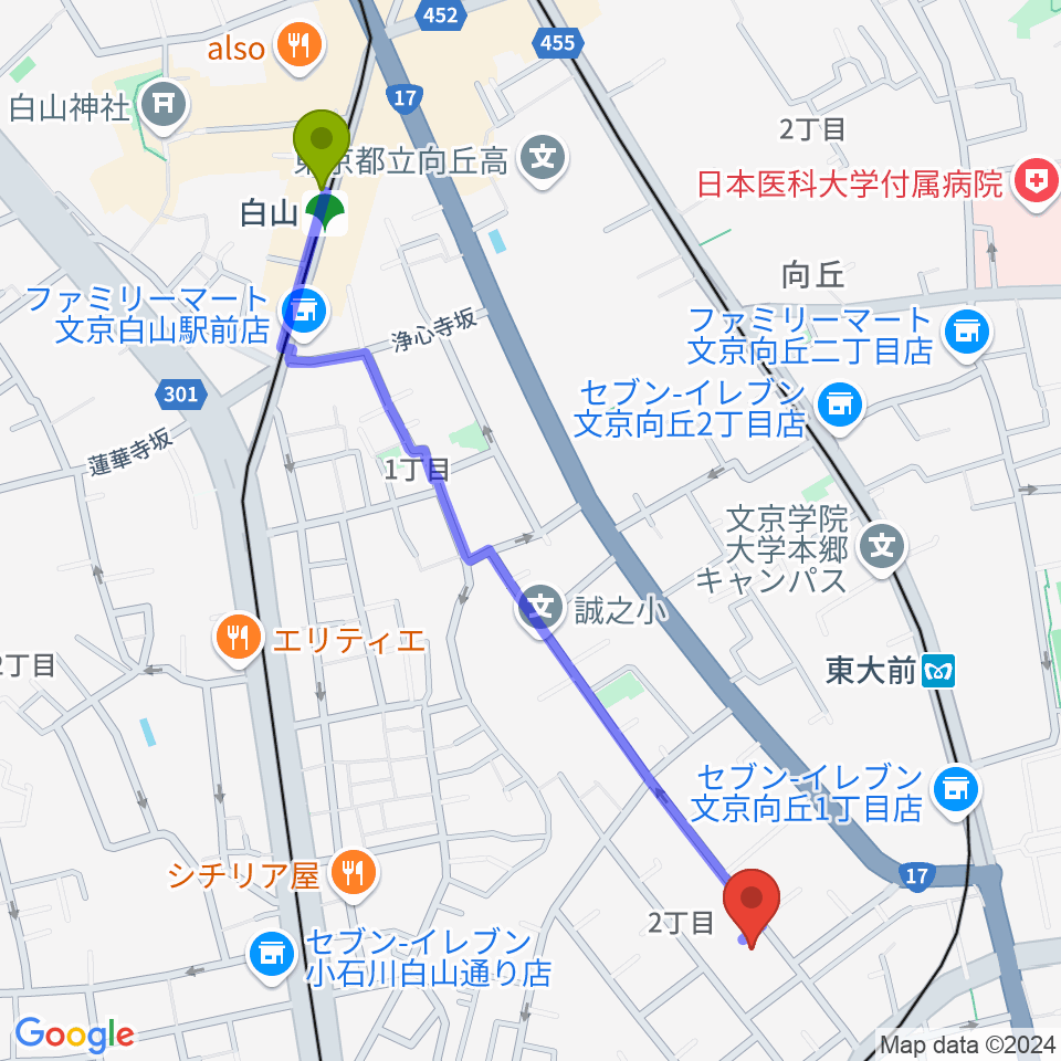 白山駅から吉田真紀音楽教室へのルートマップ地図