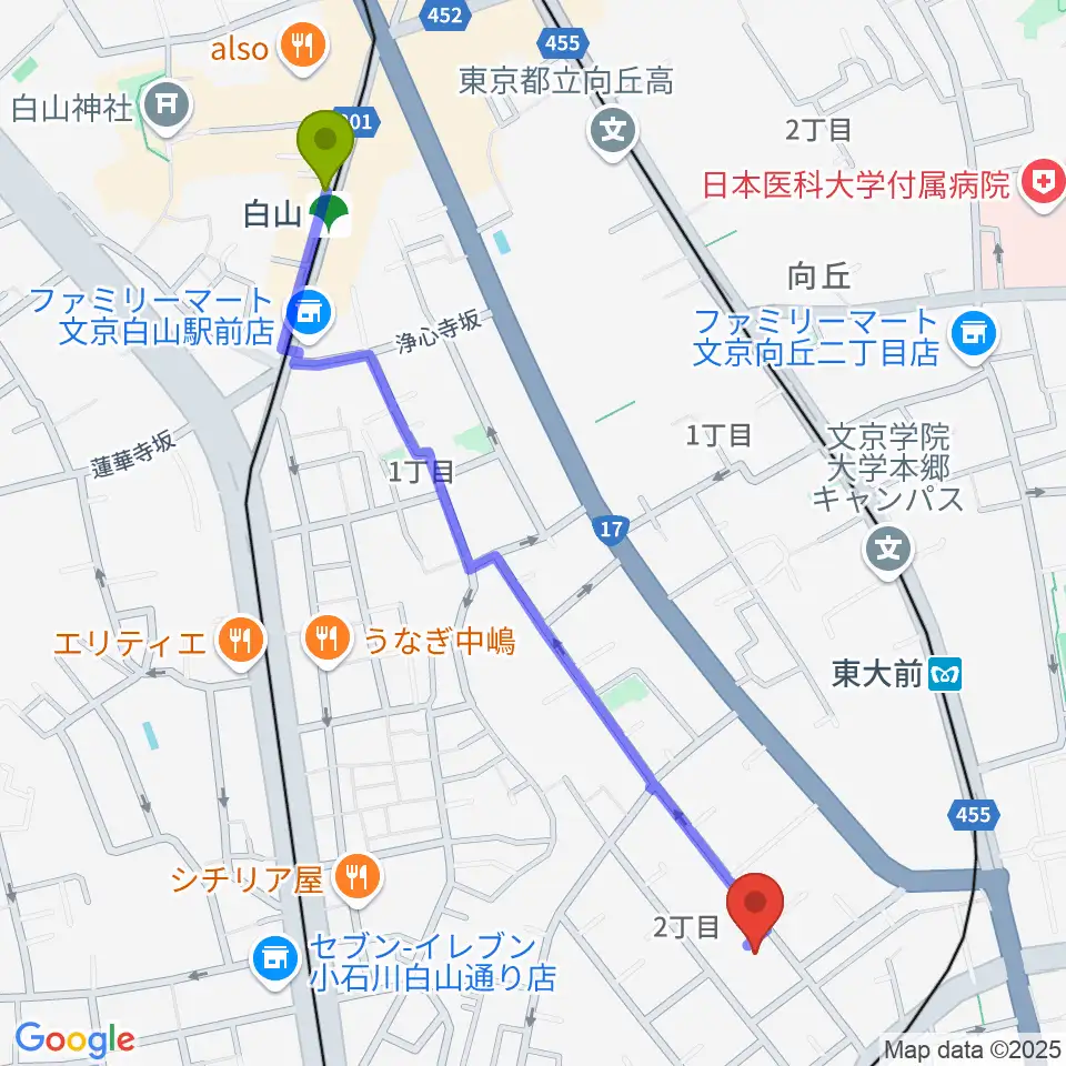 白山駅から吉田真紀音楽教室へのルートマップ地図