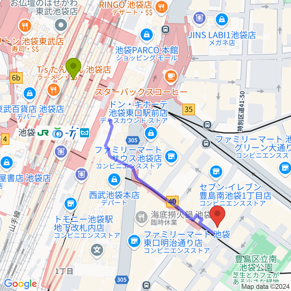 フルート工房三響の最寄駅池袋駅からの徒歩ルート（約5分）地図