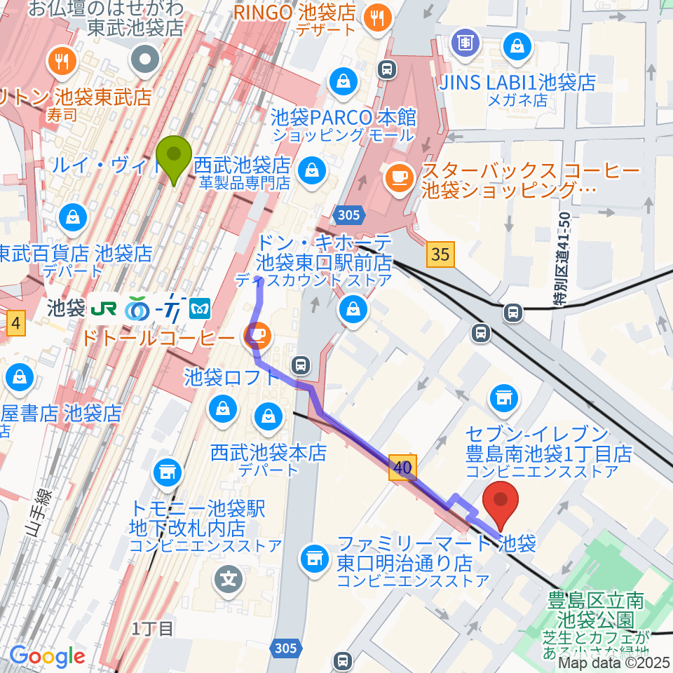 フルート工房三響の最寄駅池袋駅からの徒歩ルート（約5分）地図