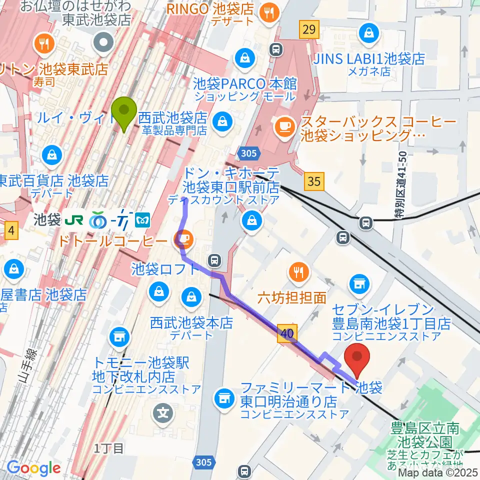 フルート工房三響の最寄駅池袋駅からの徒歩ルート（約5分）地図