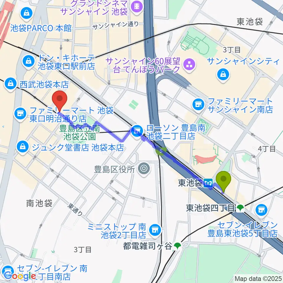 東池袋駅からフルート工房三響へのルートマップ地図