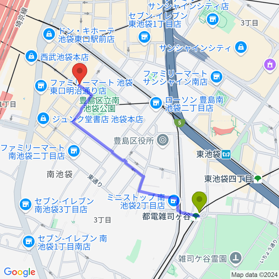 都電雑司ヶ谷駅からフルート工房三響へのルートマップ地図