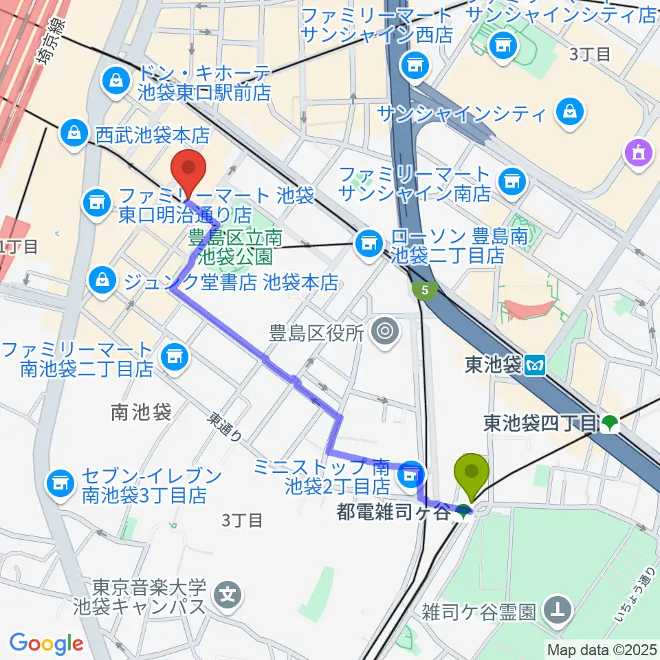 都電雑司ヶ谷駅からフルート工房三響へのルートマップ地図