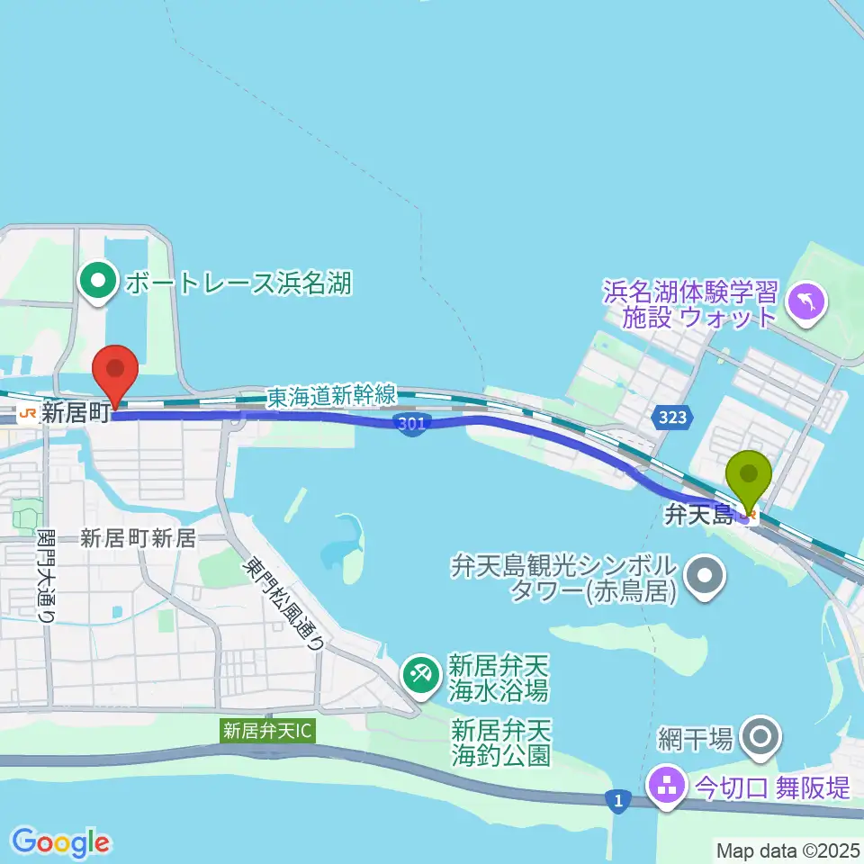 弁天島駅からFMCフルートマスターズへのルートマップ地図