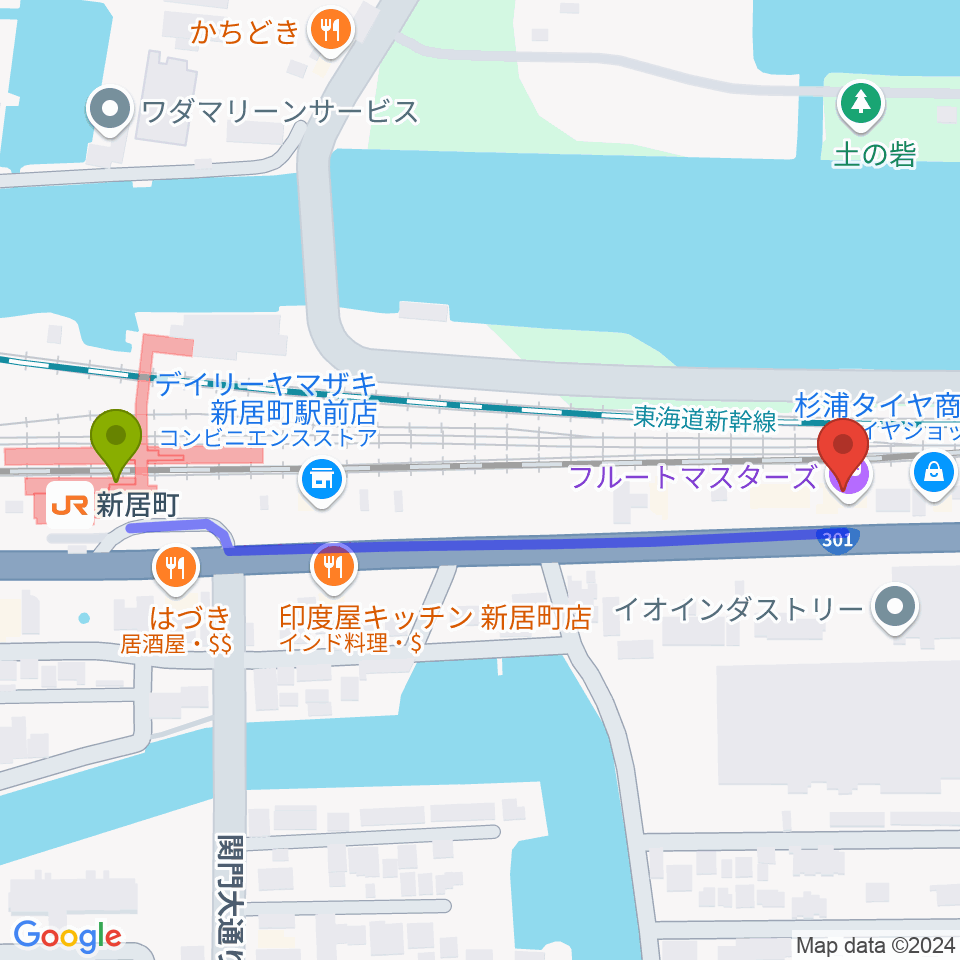 FMCフルートマスターズの最寄駅新居町駅からの徒歩ルート（約6分）地図