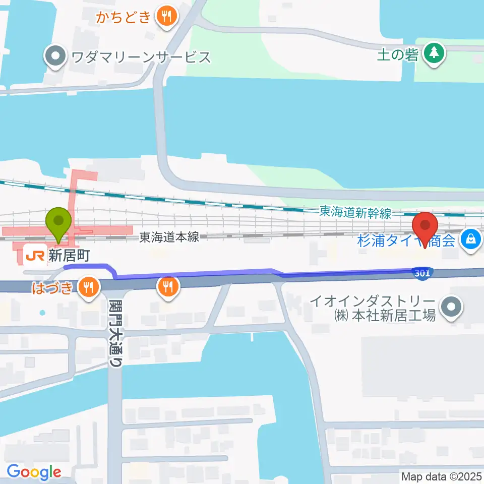 FMCフルートマスターズの最寄駅新居町駅からの徒歩ルート（約6分）地図